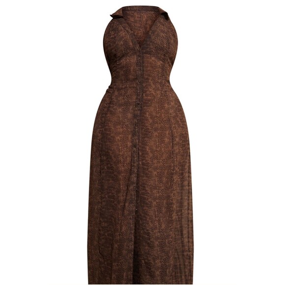 PrettyLittleThing Chocolate Brown Snake Print Halterneck Maxi Dress – Size 14 - Picture 2 of 5